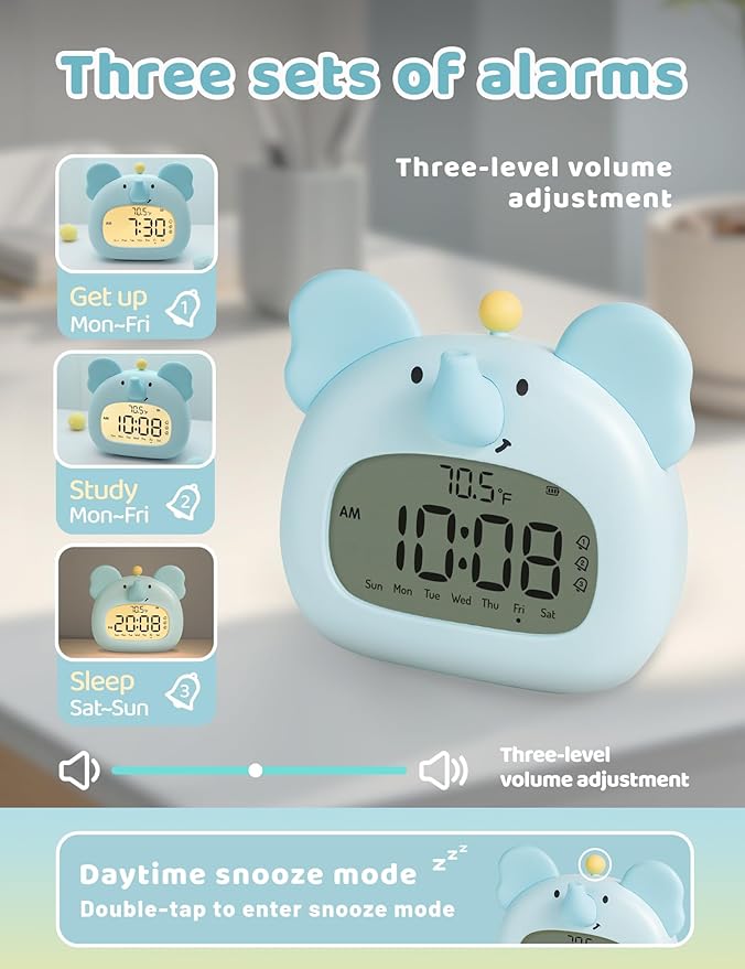 Elephant Alarm Clock for Kids Bedroom, Blue Elephant Animals Clock with Night Light, Adjustable Dimming, 3 Alarms, Loud, Timer, Boys Alarm Clocks Gift