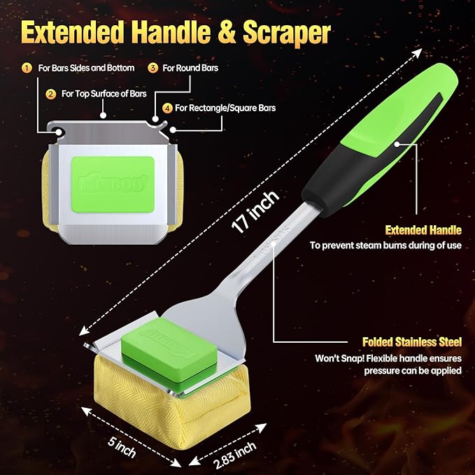 Grill Brush Bristle Free for Outdoor Grill, Steam Grill Cleaning Brush Replaceable BBQ Cleaner Brush Head,Extended Handle, Safe Grill Brush with Scraper for Cast Iron Stainless-Steel Grates,Green