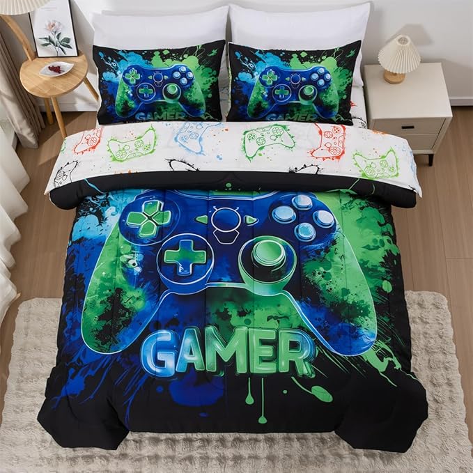 NTBED Game Console Comforter Set for Boys Girls Kids Tie Dye Gaming Lightweight Microfiber Gamer Bedding Sets (Blue Green, Twin 5Pcs)