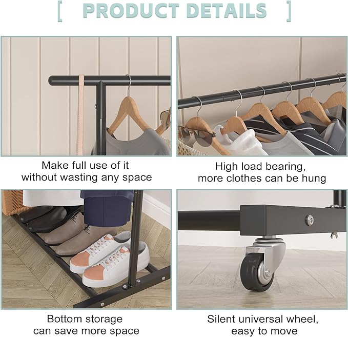 Sywhitta Double Rod Clothing Garment Rack, Rolling Clothes Organizer on Wheels for Hanging Clothes, Easy to Assemble, Adjustable, Black