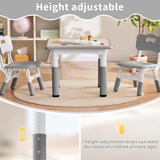Adjustable Kids Table, Arts and Crafts Child Table with Graffiti Desktop, 7 Level Height Adjustable Children Table for Ages 3-8, Easy to Wipe Toddler Desk for Classrooms/Daycares/Homes
