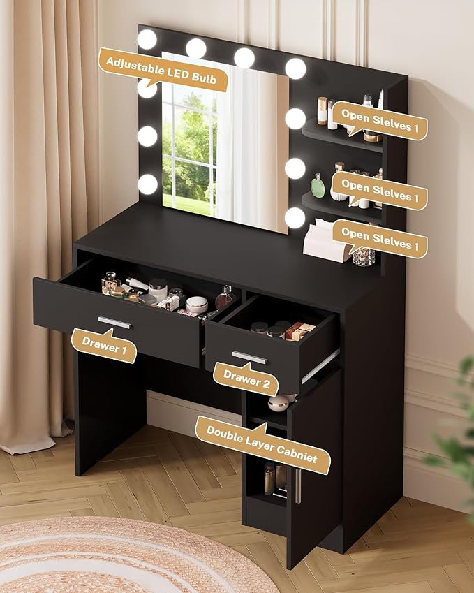 Lighted Makeup Vanity Desk, 35.4”W x 15.7“D x 54”H, Black (with Lights and Mirror, Dimming Function, 2 Drawers and 1 Cabiniet, Open Shelves)