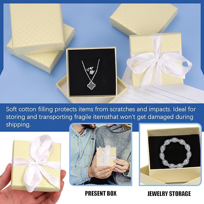 Glarks 17pcs Champagne Color 2.95 x 2.95in Jewelry Gift Boxes with Pink Scissors and White Polyester Ribbon Set, Diamond Pattern Necklace Earring Bracelet Boxes Gift Case Ideal