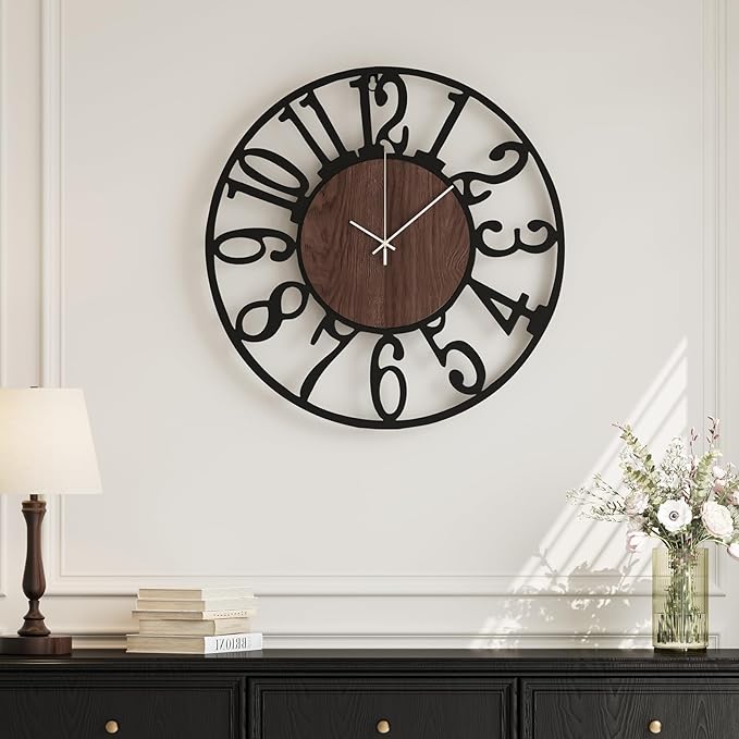 16 inch Wall Clock Battery Operated, Modern Round Big Wood Decorative Metal Wall Clock for Living Room, Non Ticking Silent Black Clocks, Bedroom, Kitchen, Farmhouse, Office Decor-Arabic Numerals