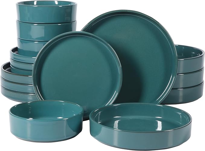 Bloomhouse Santorini Mist Double Bowl Terracotta Reactive Glaze Plates and Bowls Dinnerware Set - Jade Blue Green, Service for Four (16pcs)