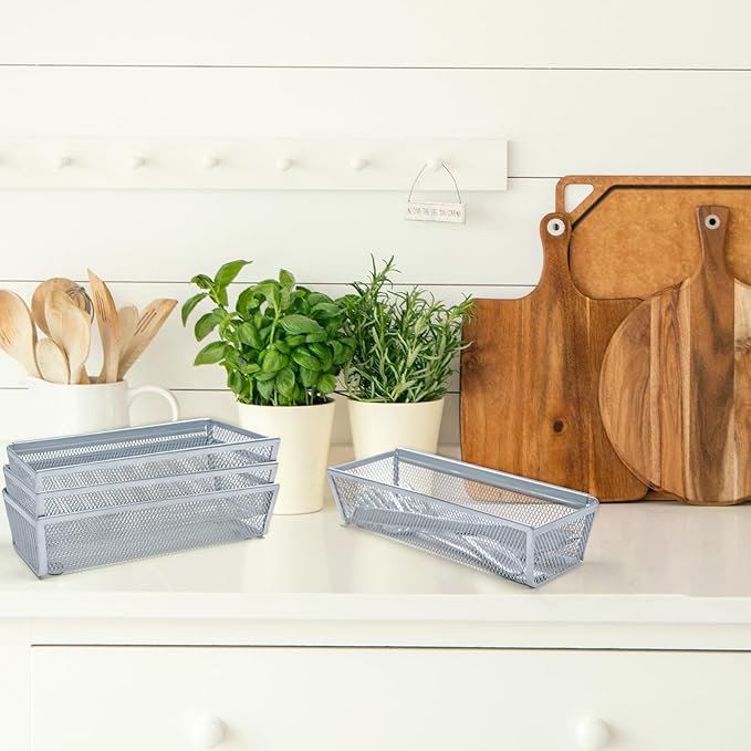 4PCS Drawer Organizer for Kitchen, Utensil Mesh Organizer With Interlocking Arm for Cosmetic, Flatware, Pen (9 * 3 * 2 Inches, Grey)