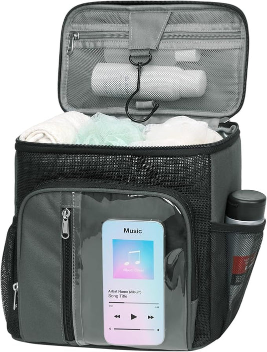 F-color Hanging Shower Caddy Portable - College Dorm Essentials for Guys with Hooks, Quick-Dry Shower Bag for Dorm Travel Gym Camping Essentials, Water-Resistant with Multiple Pockets, Dark Grey