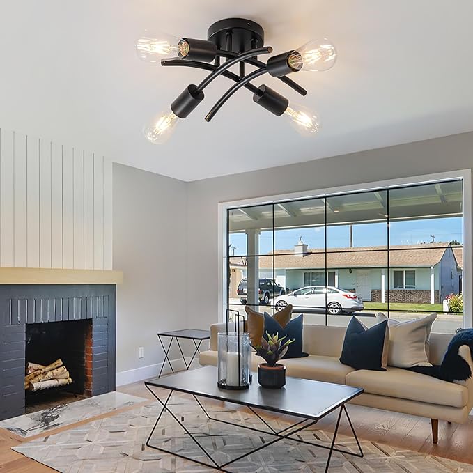 WILON Semi Flush Mount Ceiling Light Fixture, Modern Flush Mount Ceiling Lights, Matte Black 4-Light Sputnik Ceiling Light Fixture with E26 Bulb Base for Hallway Farmhouse Kitchen Bedroom