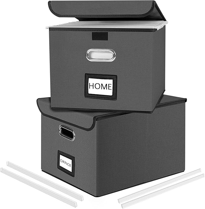 Huolewa File Organizer Boxes with Lids, Linen Office Document Storage Boxes, Filing Boxes, Decorative Small File Boxes for Hanging Files with Plastic Slide for Office/Cabinet/Decor/Home