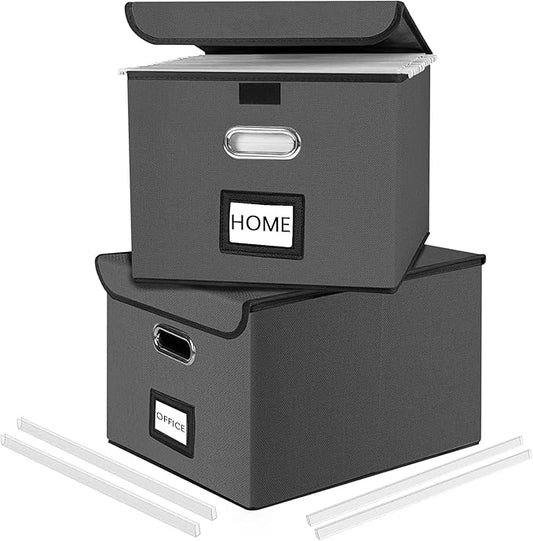 Huolewa File Organizer Boxes with Lids, Linen Office Document Storage Boxes, Filing Boxes, Decorative Small File Boxes for Hanging Files with Plastic Slide for Office/Cabinet/Decor/Home