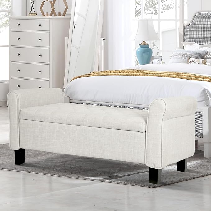 Storage Ottoman Bench with Arms, End of Bed Bench for Bedroom, Button Tufted Storage Bench for Entryway, Living Room,Hallway, Large Storage Bench Foot Rest (Beige)