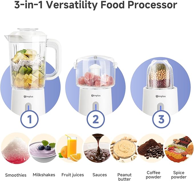 Simplus 3 in 1 Blender and Food Processor Combo for Kitchen, Small Electric Food Chopper, Meat and Vegetable Grinder, 380W High Speed 5 Cup Blenders with 2 Speeds and Pulse for Smoothies and Shakes