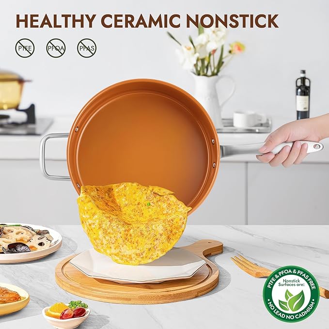 Ceramic Saute Pan with Lid, 5.5QT Nonstick Frying Pan without PFAS, PTFE, or PFOA, Stainless Steel Base Deep Skillet for All Cooktops, Oven & Dishwasher Compatible