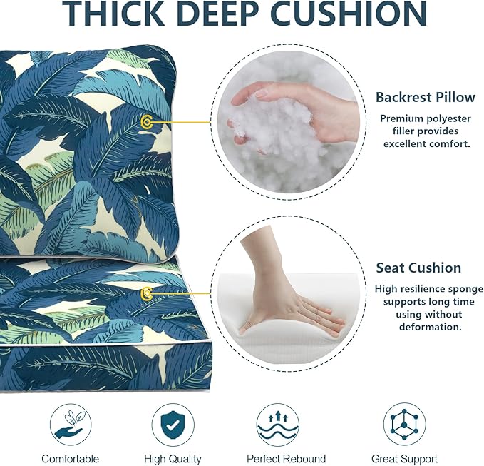 Outdoor Deep Seat Cushions Set 24 x 24 Inch for Patio Furniture,Water Resistant Chair Cushions Replacement Includes Seat Cushion & Back Pillow for Couch Sofa, Wicker Chair - Swaying Palms Blue