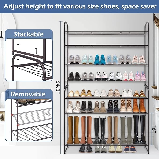 KEETDY 4-Tier Long Shoe Rack for Closet Floor, Wide Shoe Organizer Storage, Stackable Shoe Rack for Entryway Metal Shoe Shelf for 30 Pairs Men Sneakers with Wire Grid for Bedroom, Bronze