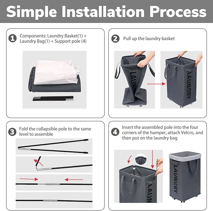 Goodpick Hamper with Wheels, 2-Pack 75L Foldable Laundry Baskets with Removable Wash Bags, Dirty Laundry Basket for Corner Dorm,Grey