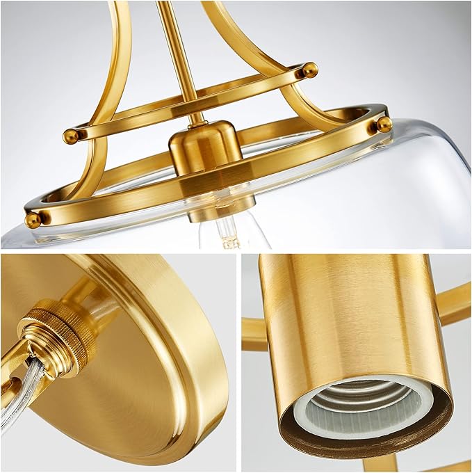 WUZUPS Chandelier Rustic Farmhouse Industrial Round Ceiling Pendant LED Light Fixture with Clear Glass Shades for Dining Room Kitchen Island Foyer Entryway, H 17" x W 13.4", E26 Base, Brushed Gold