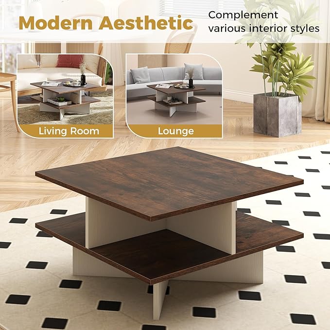 GOFLAME Farmhouse Coffee Table with Storage, 2-Tier Square Center Table with 4 Storage Compartments & X-Shape Base, Modern, Wood Tea Tables for Living Room, Lounge, Rustic Brown + White
