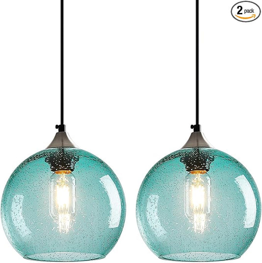 Light Blue Glass Pendant Lights Kitchen Island Lighting Globe Pendant Light Fixtures Modern Pendant Lighting for Bedroom Living Dining Room Light Fixture (7.87 in, 2 Pack)