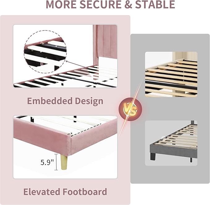 Full Size Upholstered Platform Bed Frame with Modern Wingback & Vertical Panel Headboard, Velvet Fabric, Wooden Legs & Slats Support, No Box Spring Needed, Noise-Free & Easy Assembly, Pink