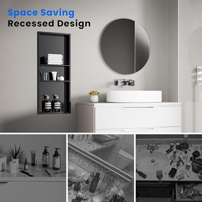 POPFLY 12"x30"x4" Dark Grey Shower Niche, 3 Layer Stainless Steel Recessed Shelf, No Tile Needed Recessed Storage Wall Niche for Bathroom/Laundry Room