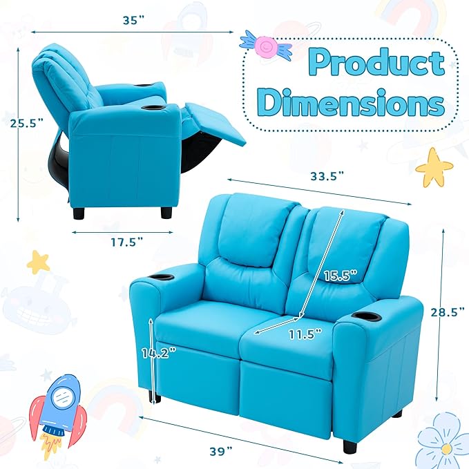AVAWING Toddler Recliner, Double Children Couch with Cup Holder, PU Leather Kids Sofa, Kids Loveseat w/Adjustable Footrest & Headrest for Boys and Girls 3+ Age Group, Blue