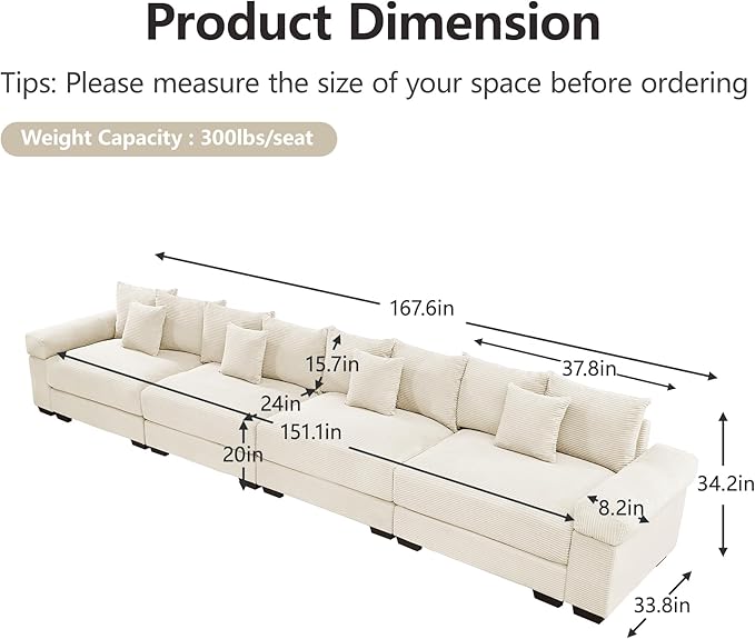 KEIKI 168" Oversized Corduroy Modular Cloud Sectional Sofa with High-Density Foam Cushions, Extra-Thick Armrest, Upholstered Modern 4-Seater Fluffy Corner Couch with 12 Pillow, for Living Room, Beige
