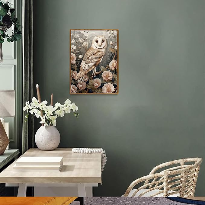 Djmwtb Vintage Framed Wall Art Floral Owl Canvas Wall Art Prints Flower Botanical Painting Nature Pictures Artwork for Bedroom Living Room 12x16in