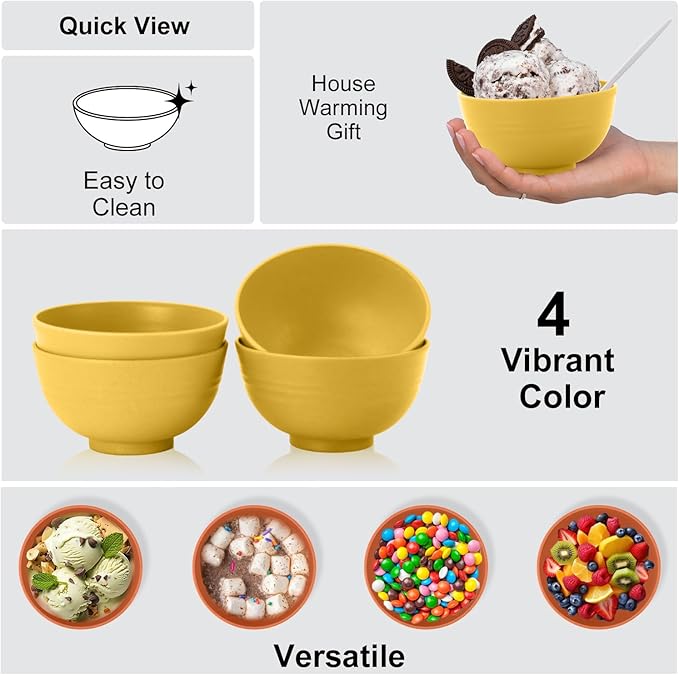 wheat straw icecream bowls 10oz set of 8 - Unbreakable Dessert Bowls Freezer Safe - Small Bowls for Yogurt,Snack and Fruits. Yellow