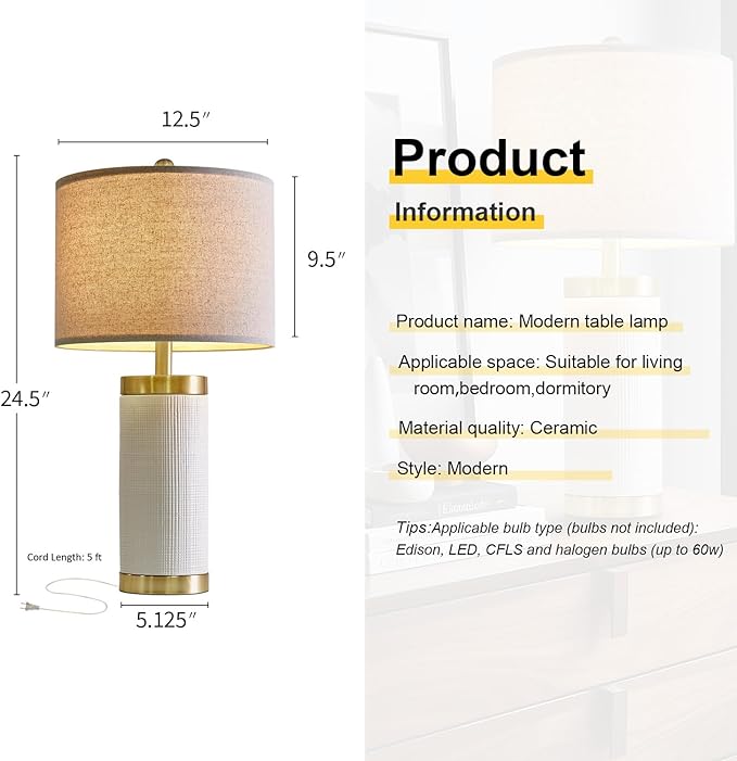 24.5" Modern Ceramic White Single Bedside Lamp for Bedroom Decor Farmhouse Table Lamp for Living Room Office Dorm