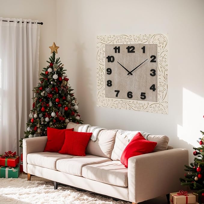 Large Wall Clock Square Living Room Decor Clocks, Numeral Wall Clocks with Battery Operated, Quartz Analog Movement Decorative Wall Clock for Office, Home, Kitchen, 24 Inch White