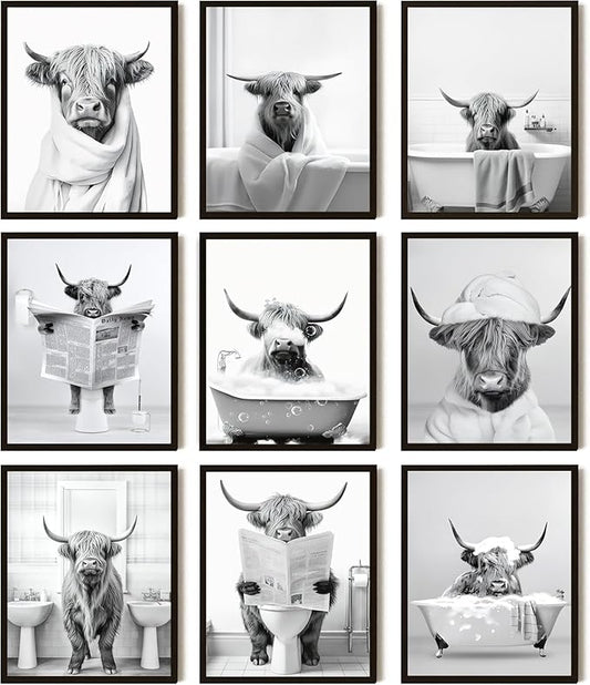 SEHSUVC Funny Bathroom Cow Posters Wall Art Set of 9, Black and White Highland Cow Canvas Wall Decor Painting, Humor Animals Pictures Prints for Bedroom Bathroom Childrenroom 8x10In Unframed