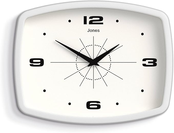 JONES CLOCKS® Movie Wall Clock | Retro Rectangular Clock | 10 inch | White | Cool mid-Century Designer Look for Kitchen, Living Room or Office