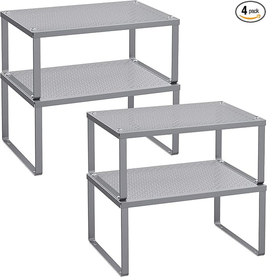 SONGMICS Spice Racks, Set of 4 Metal Cabinet Shelf Organizers, Countertop Organizers, Shelf Risers, Stackable, Expandable, Silver UKCS006S01