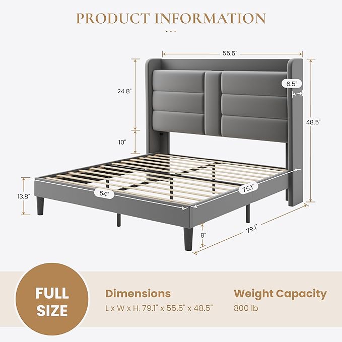 SHA CERLIN Full Size Bed Frame with Charging Station & Storage Headboard, Velvet Platform Bed with Upholstered Modern Wingback Design, Wooden Slats Support, No Box Spring Needed, Easy Assembly, Grey