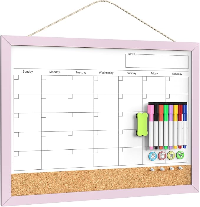 Dry Erase Calendar Cork Board Combo, 18x24 Inches Calendar Whiteboard for Wall, Magnetic White Board with Pink Wood Framed, Dry Erase Board for Planner Office Kitchen Home Memo