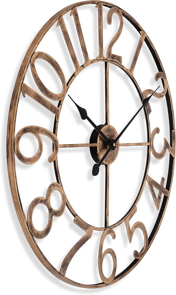 Large Wall Clocks for Living Room Decor, Silent Analog Battery Operated Wall Clock, 24 Inch Bronze Rustic Farmhouse Metal Wall Clock for Indoor, Outdoor