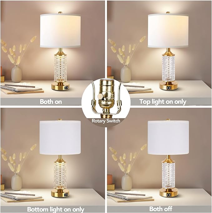 QiMH Set of 2 Table Lamps with USB Ports, Modern Bedside Lamp with LED Night Light for Bedroom, Nightstand Lamps for Living Room Office (Gold)(2 Bulbs Include)