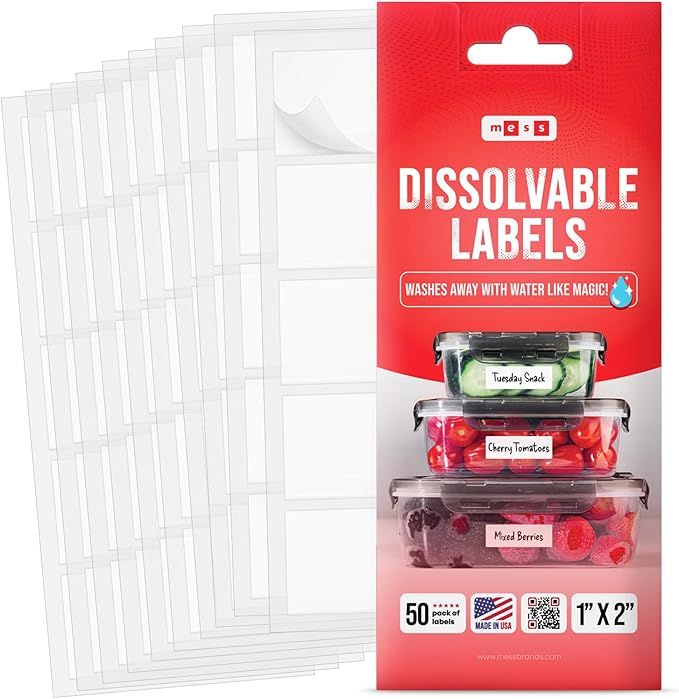 MESS Dissolvable Food Labels, Blank 1x2, 50/Roll - Dissolves in 30 Seconds or Less - Removable Pantry, Meal Prep & Food Storage Labels – Canning & Freezer Use