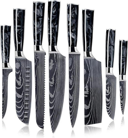 SENKEN 8-Piece Japanese Knife Set with Black Resin Handle and Laser Damascus Pattern - Onyx Collection - Chef's Knife, Santoku Knife, Bread Knife, Paring Knife, & More