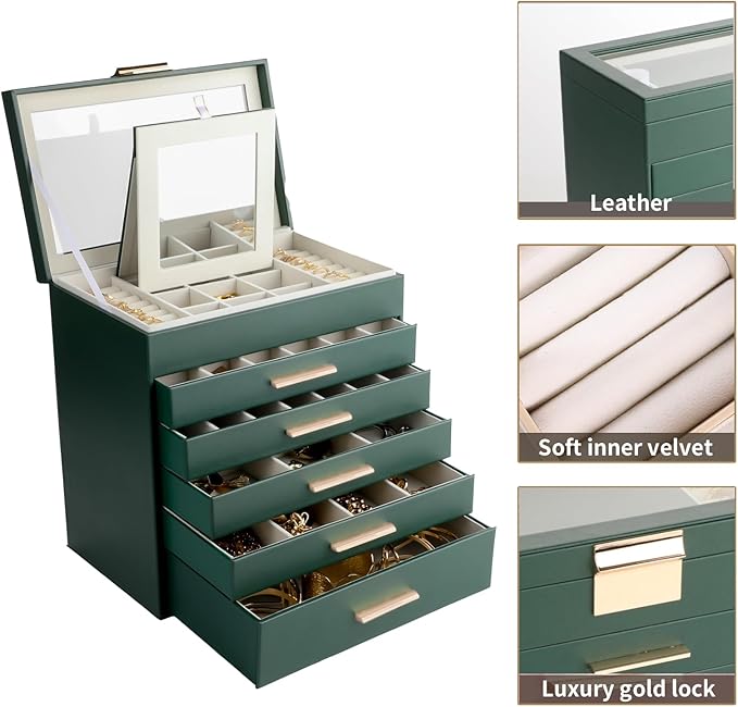 BOOVO Jewelry Box for Women, Green 6 Layer Large Jewelry Organizer with Glass Lid for Necklace, Bracelet, Earrings Storage, Jewelry Organizers and Storage for Girls Gift (Green and Gold, 6 layer)
