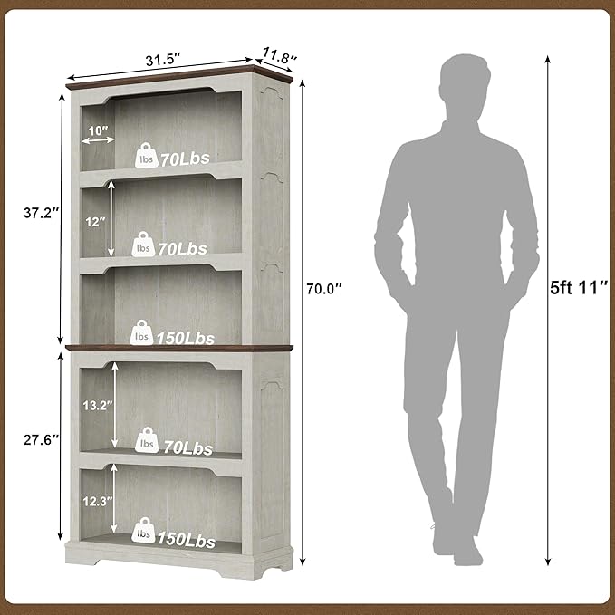 Tall Bookcase, 70 inch Height, 5-Tier Open Storage Shelf, 31.5 in Wide Standing Bookshelves for Home, Office, Bedroom, School, Library, 31.5W * 11.81D *70H (White Espresso, Open Storage)