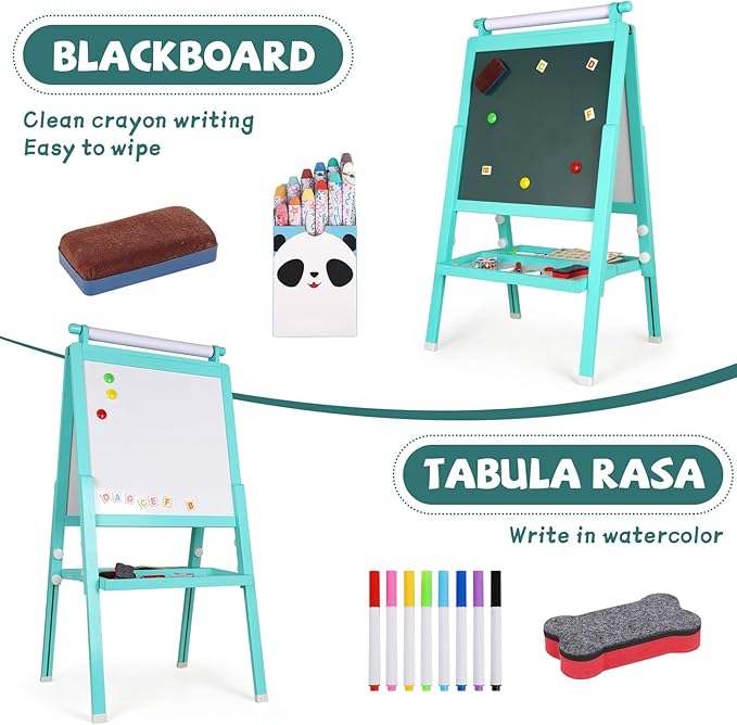 Wooden Art Easel for Toddlers Foldable Kids Easel with Paper Roll Children Double-Sided Whiteboard & Chalkboard Standing Educational Painting and Drawing Easel