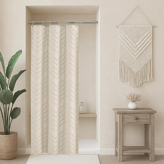 Small Stall Beige Boho Fabric Shower Curtain, 36x72 Half Size, Textured Tufted Chevron Striped Minimalist Cloth Bathroom Shower Curtain