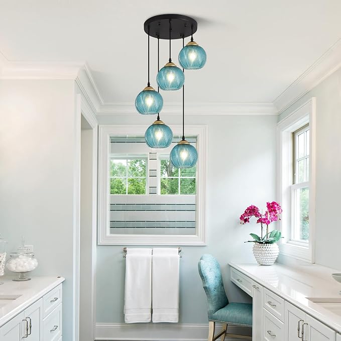 KCO Lighting Modern Blue Glass Chandelier Globe Cluster Pendant Light Black and Gold Kitchen Pendant Lighting Nordic Ribbed Glass Pendant Light Large Round Chandelier