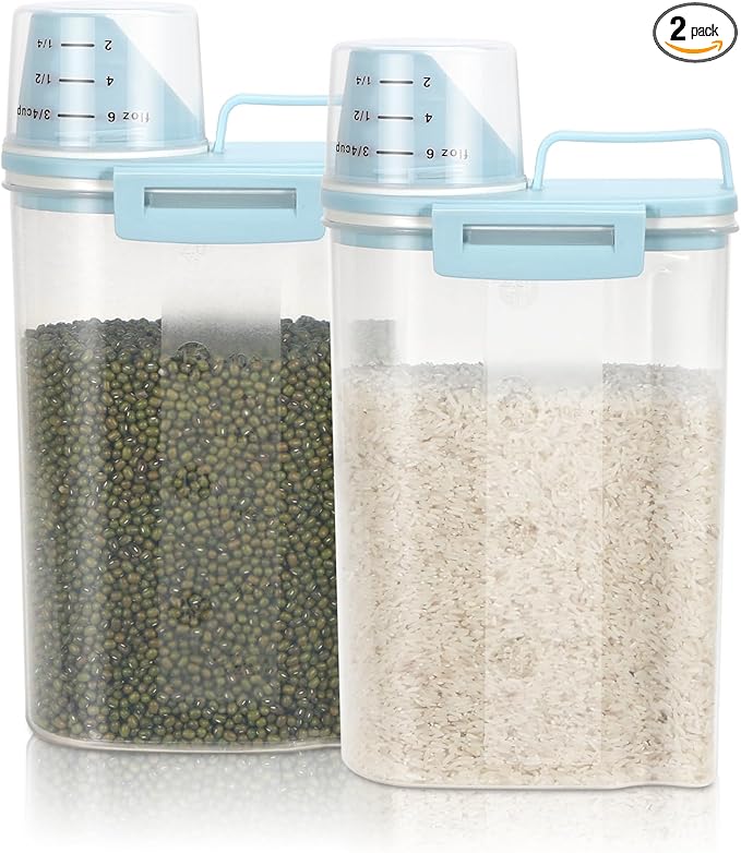 TBMax Rice Storage Container 2 Pack, Plastic Kitchen Pantry Food Storage Container with Cup, Small Pet Dog Cat Food Container Dispenser - Sky Blue