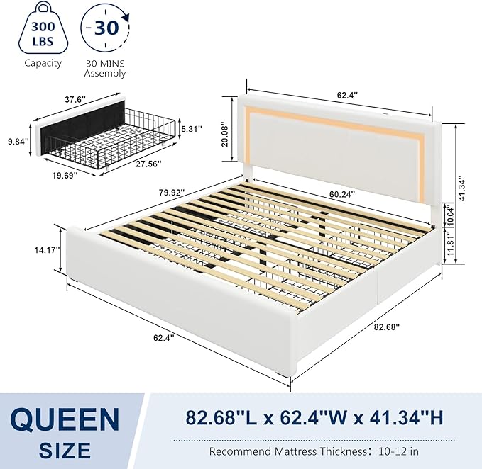 Queen Size Bed Frame with Adjustable Headboard, Upholstered Platform Bed with 4 Storage Drawers, Wooden Slats Support, Built in Charging Station & LED, Noise-Free, No Box Spring Needed, Beige