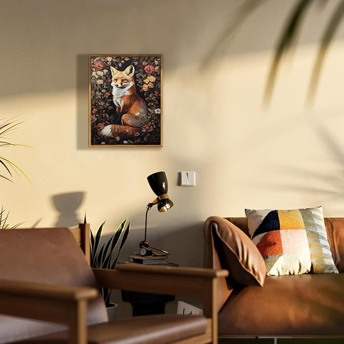 Djmwtb Framed Vintage Wall Art, Fox wall Decor,Nature Botanical Wall Art for Bedroom Decor, Flower Pictures Paintings Animal Canvas Artwork Prints for Living Room 16x24in