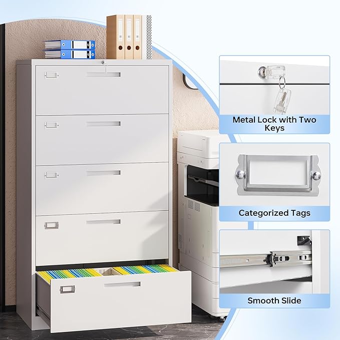 Lateral Filing Cabinet,5 Drawer File Cabinet with Lock,Office Lateral File Cabinets for Legal/Letter A4 Size,Require Assembly, White