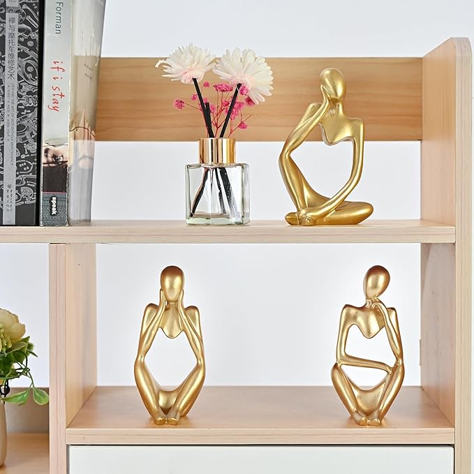 BOPART 3Pcs Gold Statues Decor for Home, Office or Living Room, Resin Thinker Figurines Sculptures Gold Accent for Bookshelf or Coffee Table Decoration